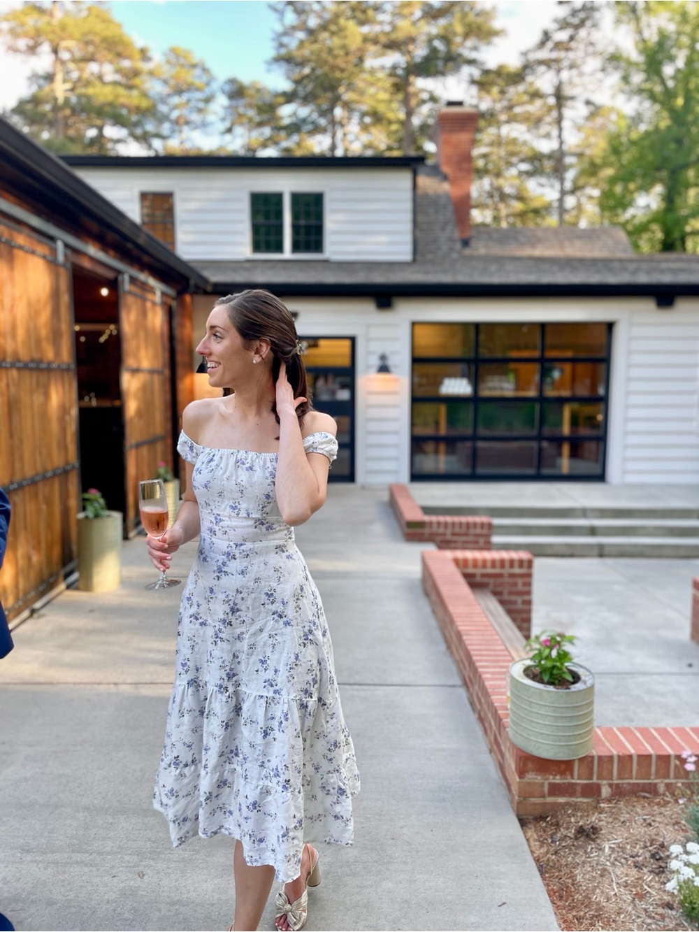 Reformation Toulouse White & Blue Floral Off-Shoulder Midi Dress